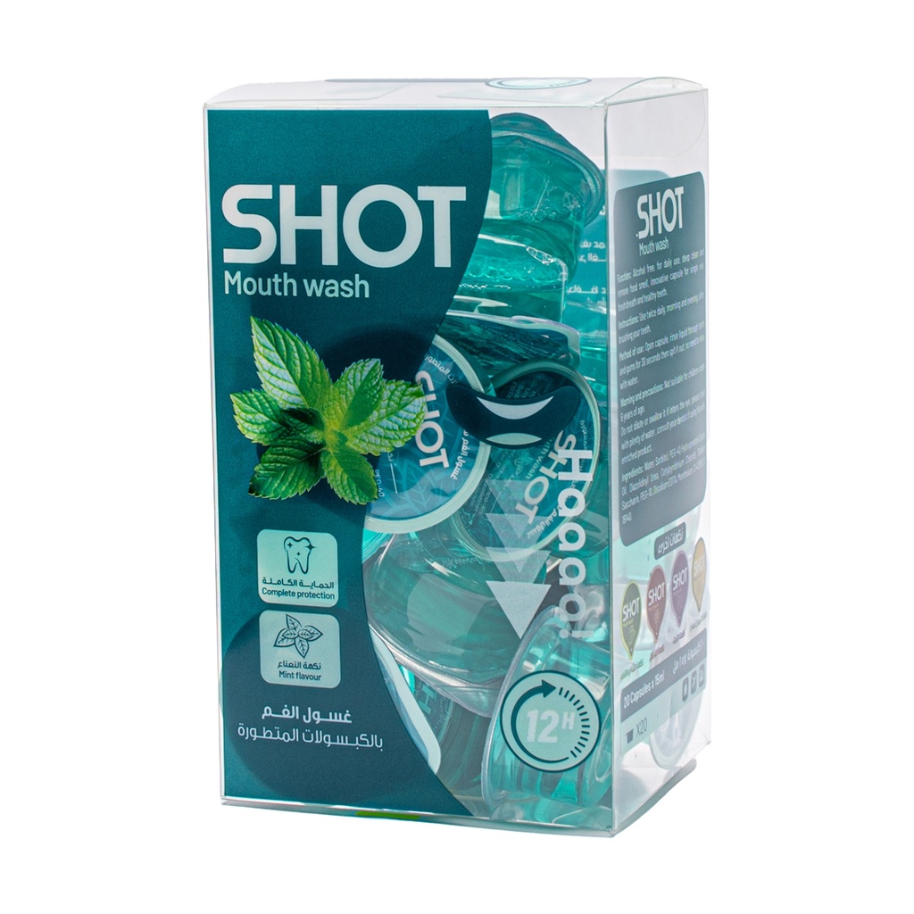 [6974772943244] غسول الفم بالكبسولات المطورة بنكهة النعناع من شوت – 20 قطعة 15 مل SHOT MOUTH WASH 20 CAP MINT 15 ML
